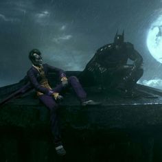 batman and joker sitting on top of a roof in the rain