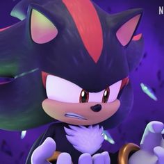 an animated image of a sonic the hedgehog holding a gold key in front of a purple background