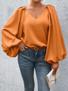 Lantern Sleeve Blouse-Charmful Clothing Boutique Orange Clothes, Lantern Sleeved Blouses, Curvy Shorts, Curvy Swimwear, Air Max Women, Sweatshirt Set, Swimwear Dress, Curvy Dress, Draped Fabric