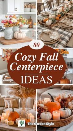 cozy fall centerpiece ideas with pumpkins and other autumn decorating items on the table