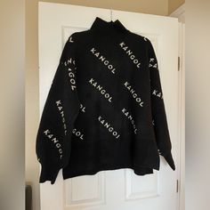 New Kangol X H&M Limited Edition Collaboration Black Sweater Size S (Oversized) Oversized Black Outerwear With Letter Print, Black Letter Print Sweater For Fall, Oversized Striped Sweater, Sweater Crop, High Neck Sweater, Knit Turtleneck Sweater, H&m Women, Mock Turtleneck, Color Block Sweater