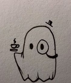 a drawing of a ghost with a cup of coffee in his hand and a top hat on its head