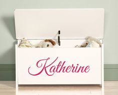 two teddy bears sitting in a white box with the name kateline written on it