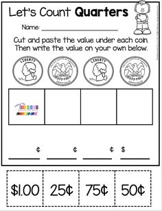 a worksheet for counting money and counting the coins to make it into quarters