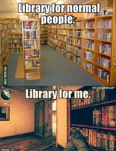 the library is full of books and there are two pictures with one that says library for normal people