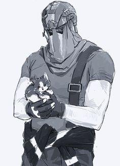 a drawing of a man holding a small kitten in his arms and looking at the camera