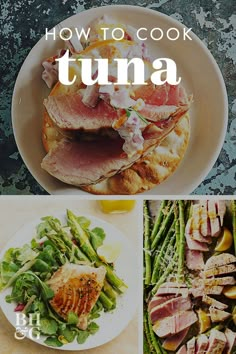 four different pictures with the words how to cook tuna on them, including asparagus and other vegetables