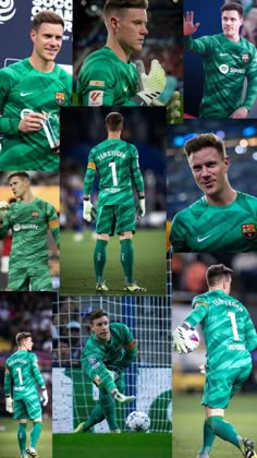 many different pictures of a soccer player in green and white uniform with his hands on the ball