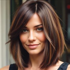 Chocolate Brown Bob With Highlights, Dark Brown Bob With Highlights Straight, Short Hair Color For Fall, Woman’s Hair Color, Chocolate With Highlights Hair, Hair Highlights For Dark Skin Tone, Dark Brown With Warm Highlights, Choppy Brunette Bob, Long Bob Haircut With Layers Brunette