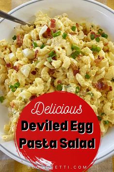 delicious deviled egg pasta salad in a white bowl