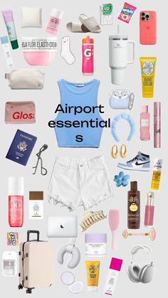 an advertisement with the words airport essentials surrounded by various items such as shoes, backpacks and toiletries