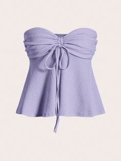 Lovely Ladies Summer Strapless Top With Drawstring, Solid Color Lilac Purple Casual  Sleeveless Knitted Fabric Plain  Slight Stretch  Women Clothing, size features are:Bust: ,Length: ,Sleeve Length: Cute Purple Tops, Summer Tops Aesthetic, Purple Shirts, Rome Outfits, Lilac Top, Office Dresses For Women, Purple Shirt