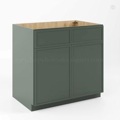 an image of a green cabinet with wooden top and bottom drawers on the front side