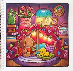 a drawing of a teddy bear sitting in a tent with a ducky toy next to it