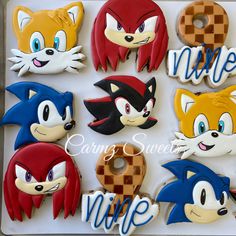 sonic the hedgehog cookies are decorated with fondant and icing to look like cartoon characters