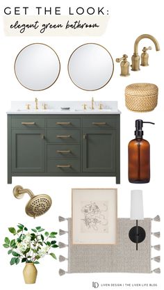 the bathroom is decorated in shades of green, gold and white with text that reads get the look