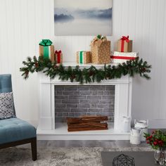 a living room with a fireplace decorated for christmas