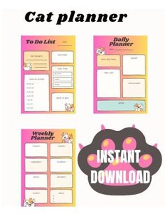 the printable cat planner is shown in three different colors