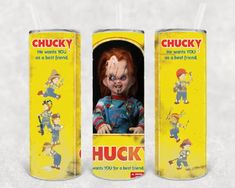 two tin cans with chucky dolls in them and the same packaging on each one