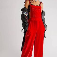 Size Xs Originally $168 Nwt Never Worn Wide Leg Elastic Waist Red Overall Jumpsuit For Fall, Red Jumpsuit For Work In Fall, Red Jumpsuit For Workwear In Fall, Red Jumpsuits And Rompers For Work In Fall, Hot Rompers, Velvet Overalls, Red Overalls, Free People Leggings, Free People Jumpsuit