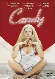 a woman sitting on top of a bed in front of a red background with the words candy