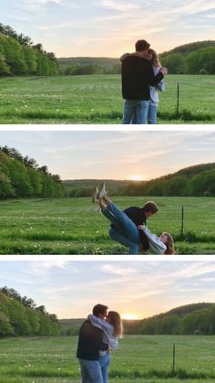 two people are kissing in the middle of a field