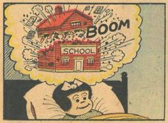 an old school book with a drawing of a boy in bed and the words boom above him