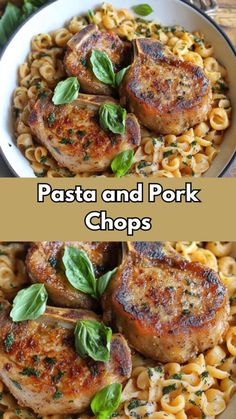 pasta and pork chops with basil leaves on top