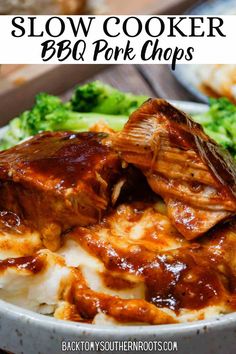 slow cooker bbq pork chops with broccoli on the side