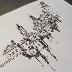 a drawing of a building with many spires