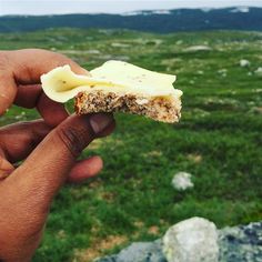 a hand holding a piece of food in the middle of a field with mountains in the background