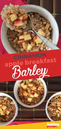 cinnamon apple breakfast barley in three white bowls with spoons and red banner over top