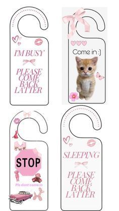 four door hangers with pictures of kittens and words that say,'stop sleeping please come later '