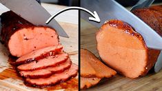 the meat is being sliced into slices on the cutting board