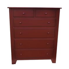 a red dresser with four drawers and two doors on the bottom drawer, against a white background