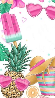 a pineapple, sunglasses and an ice cream on a white background with pink flowers