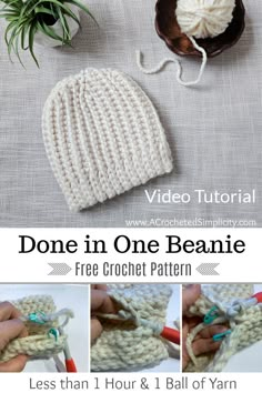 the crochet beanie is shown with instructions to make it