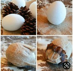 four pictures showing how to make an egg shell with pine cones and yarn on it