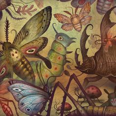 an artistic painting with many bugs and insects