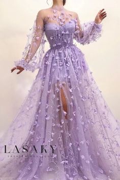 Lasaky - Elegant Long-Sleeved Purple Netted Lace Formal Evening Dress featuring a Slim-Fitting Skirt Long Sleeve Prom, Aline Dress, A Line Prom Dresses, Pretty Prom Dresses, Fairytale Dress, فستان سهرة, Prom Outfits, Prom Dresses With Sleeves, Prom Dresses Long With Sleeves