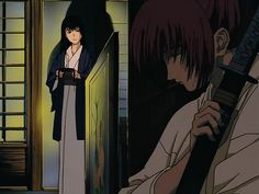 an anime scene with a woman holding a knife in her hand and another person looking at the camera