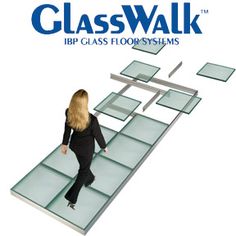 a woman walking up a glass floor with the words glasswalk above her and below it