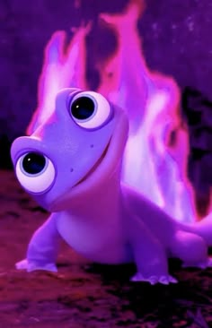 a small purple frog with big eyes sitting in front of a fire