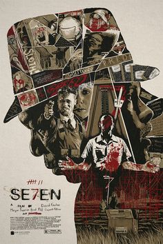 a movie poster for the film sezen, with images of people and blood on them