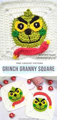 two crocheted christmas ornaments with the words griny square on them