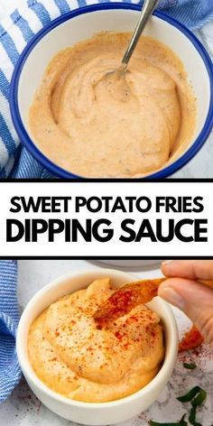 two pictures with different types of dips in them and the words sweet potato fries dipping sauce