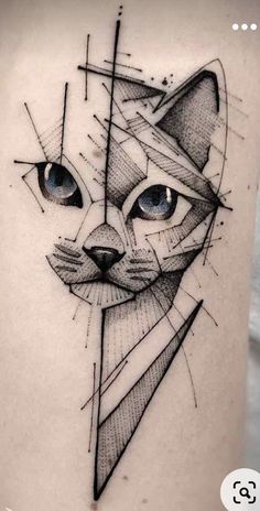 a black and white cat tattoo on the back of a woman's thigh, with lines