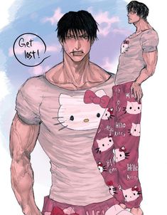 a man in pajamas with hello kitty on his chest and the caption get lost