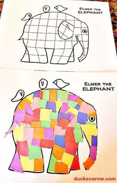 an elephant made out of colored paper and cut into squares with words on the side