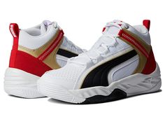 PUMA Rebound Future Evo - Men's Shoes : Puma White/Puma Black/High-Risk Red/Puma Team Gold : Hop on in the court sporting the high-performance PUMA Rebound Future Evo Sneakers. These sneakers are made using a synthetic upper. Removable textile insole give a lightweight and supportive silhouette. Features a soft synthetic leather vamp with perfect perforations for enhanced breathability. Lace-up closure. PUMA's SoftFoam+ technology gives a comfortable sock liner for convenient step-in and cushion Low-top Puma Running Shoes For Sports, Modern Low-top Puma Sneakers, White Low-top Puma Basketball Shoes, Dynamic Low-top Puma Running Shoes, Functional Low-top Puma Running Shoes, White Puma, Comfortable Socks, Puma Mens, Liner Socks